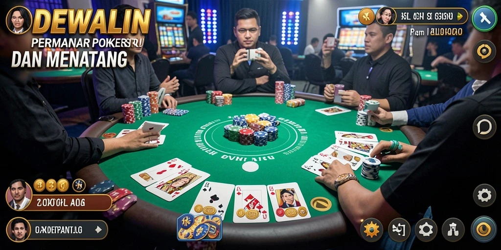 Tampilan gameplay DEWALIN yang memukau dengan pemain beraksi di meja Poker.