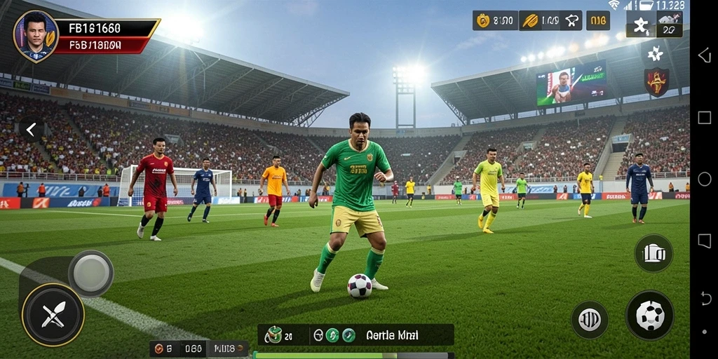 Tampilan gameplay FB168 dengan aksi sepak bola yang seru.