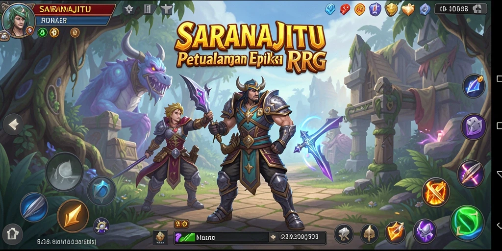 Screenshot utama SARANAJITU menampilkan aksi seru dalam pertarungan RPG.